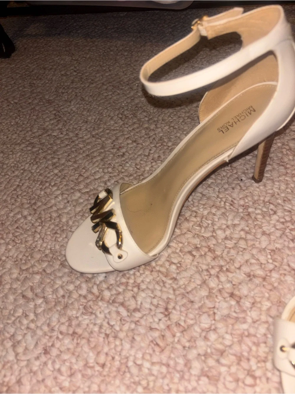 MICHAEL Michael Kors Cream Ankle-Strap Heels with Gold MK Logo